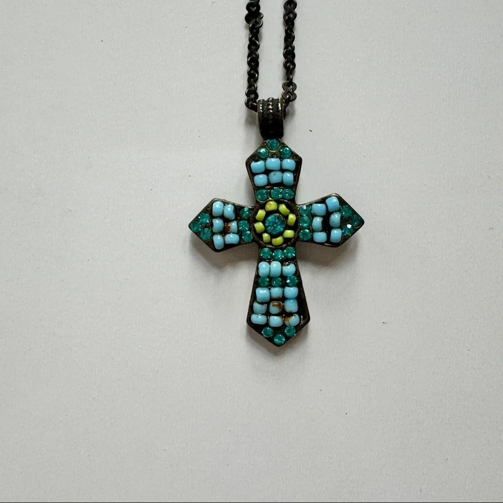 Beaded Cross Necklace in Turquoise